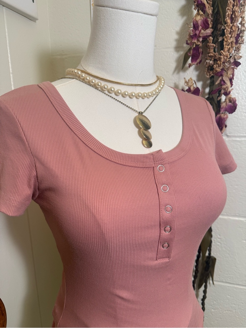 Pink Ribbed Button-Up Women's Top - Picture 3 of 3